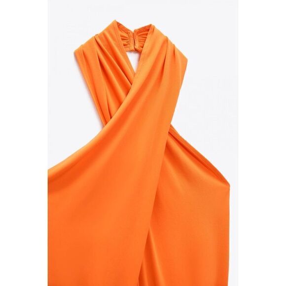 NWOT Zara Bright Orange Draped Crossover Halter Neck Top Bodysuit, Size Small - Picture 9 of 14